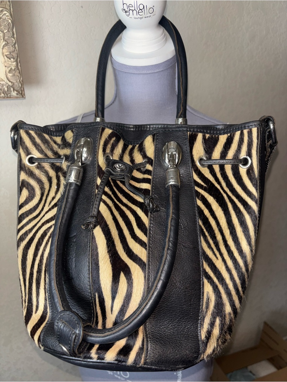 Valentina Black & Cream Zebra-Print Drawstring Bucket bag with Leather Trim